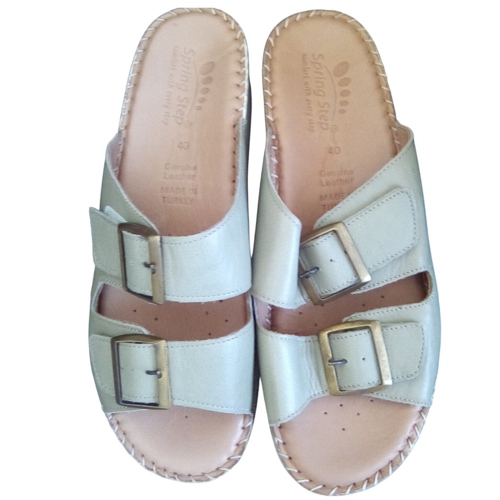 Spring Step Minisia Olive Green Leather Double Buckle Wedge Slide Sandal(9.5)